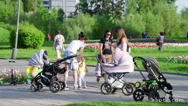 莫斯科, 俄罗斯-5月15日。2018. 带推车的妈妈们沿着 Zelenograd 的林荫大道散步。